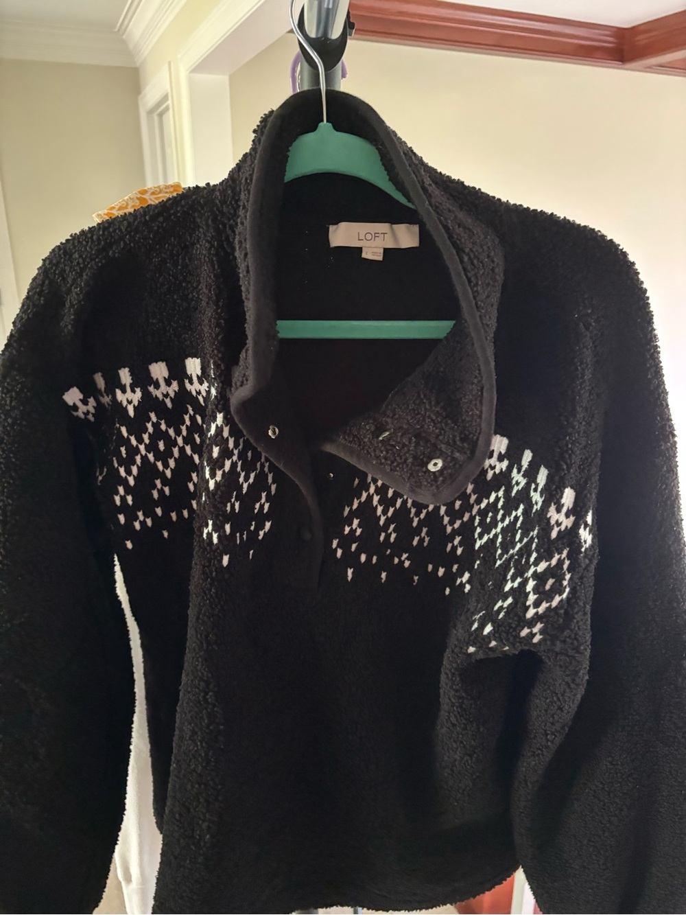 LOFT Black Sherpa Pullover Sweater with White Fair Isle Pattern